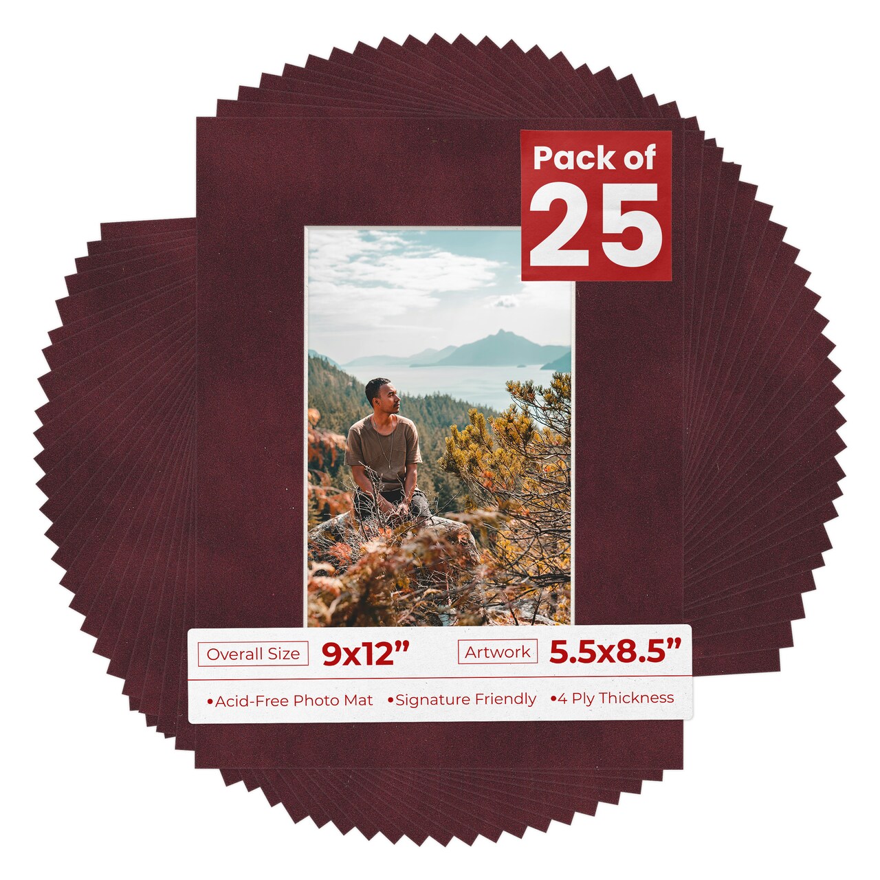 Dark Red Suede Mat Board for 9x12 Frames - Fits 5.5x8.5 Photos
